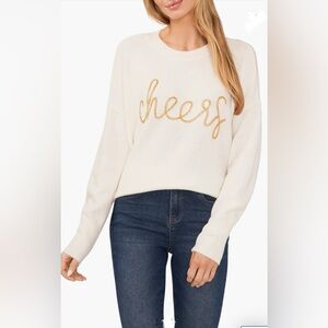 Vince Camuto White and Gold Crew Neck Sweater with Festive Design